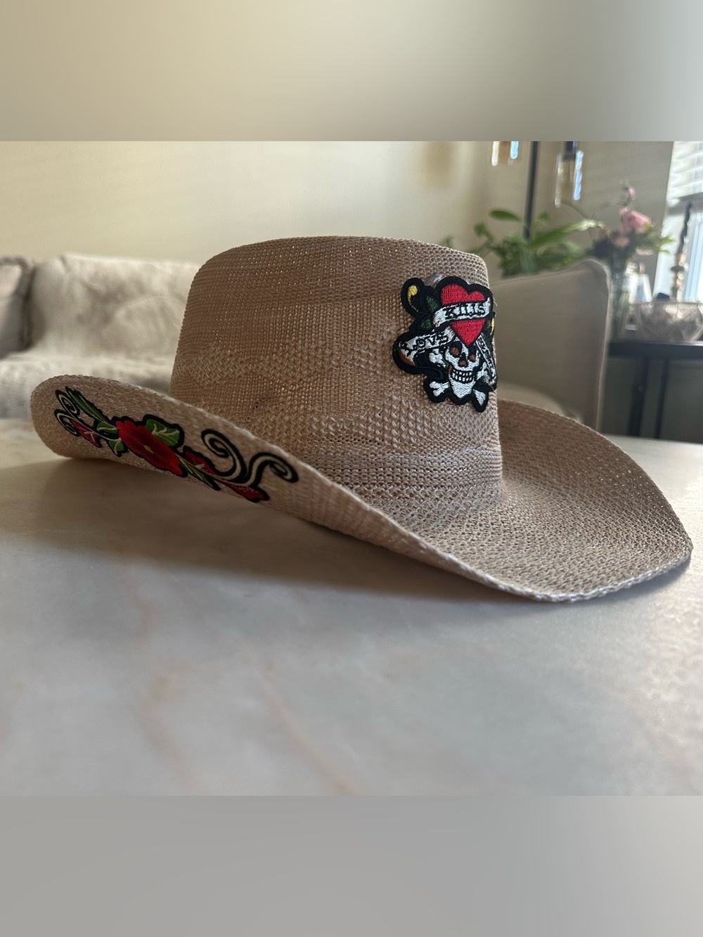 Ed Hardy Straw Cowboy Hat with Red Rose & Skull Patches
